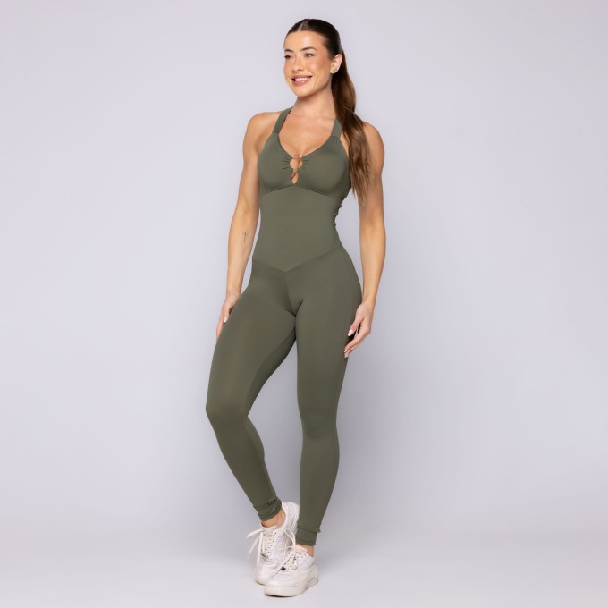 Macacão Fitness Decote Frontal Argola Liso