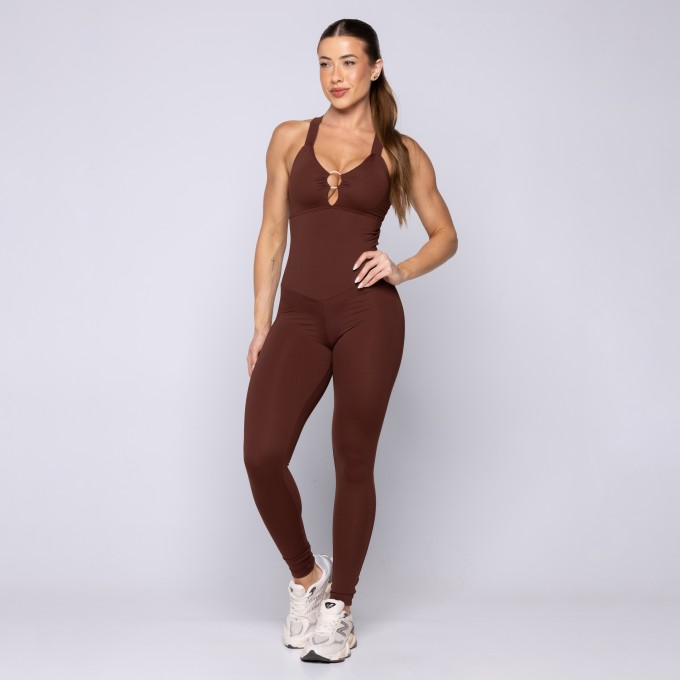 Macacão Fitness Decote Frontal Argola Liso